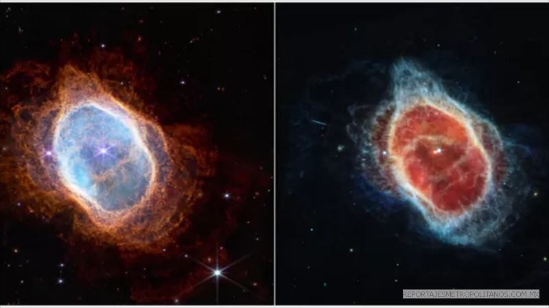 El Anillo Sur o nebulosa de los ocho Estallidos, visto por el telescopio Hubble (derecha) y el James Webb.