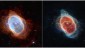 El Anillo Sur o nebulosa de los ocho Estallidos, visto por el telescopio Hubble (derecha) y el James Webb.